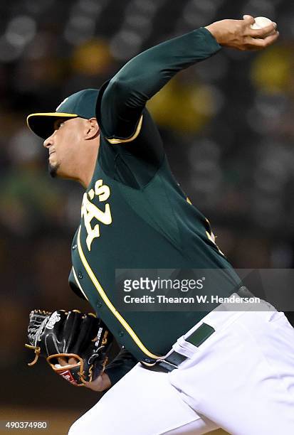 Felix Doubront of the Oakland Athletics pitches against the Texas Rangers in the top of the second inning at O.co Coliseum on September 23, 2015 in...