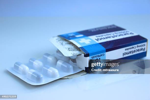 close-up of open, blue cardboard packet of paracetamol pain relief - paracetamol stockfoto's en -beelden