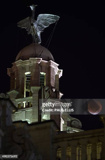 The moon turns red during a total eclipse, seen behind the iconic Liver Bird on the Liver Building in Liverpool, north west England, early on...