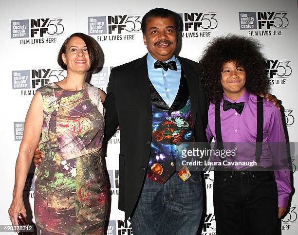 Alice Young, Neil deGrasse Tyson and Travis deGrasse attend the 53rd New York Film Festival - "The Martian" Premiere at Alice Tully Hall on September...