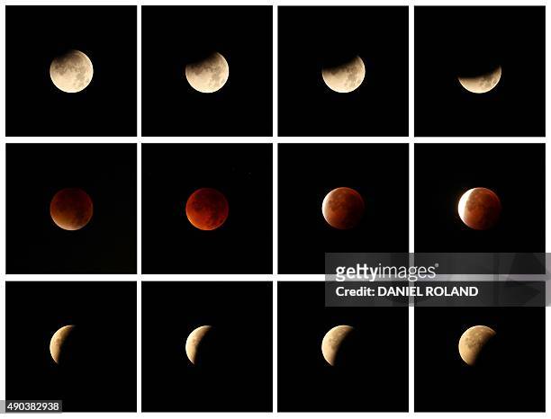 Combo of twelve pictures shows a total lunar eclipse in Gaiberg near Heidelberg, southwestern Germany, on September 28, 2015. Skygazers were treated...