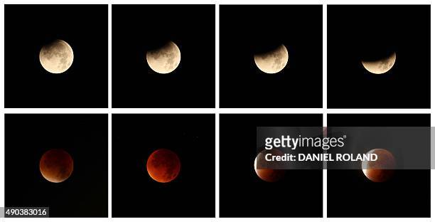 Combo of eight pictures shows a total lunar eclipse in Gaiberg near Heidelberg, southwestern Germany, on September 28, 2015. Skygazers were treated...