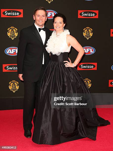 Former AFL player and Brownlow medalist Shane Woewodin and wife Deanne Woewodin arrive at the 2015 Brownlow Medal at Crown Palladium on September 28,...