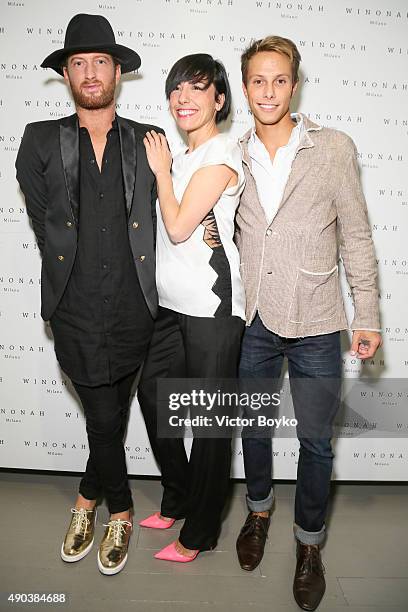 Mattia Fumagalli, Rosa Giurlanda and Matthias Burini attend the Winonah cocktail party during the Milan Fashion Week Spring/Summer 2016 on September...