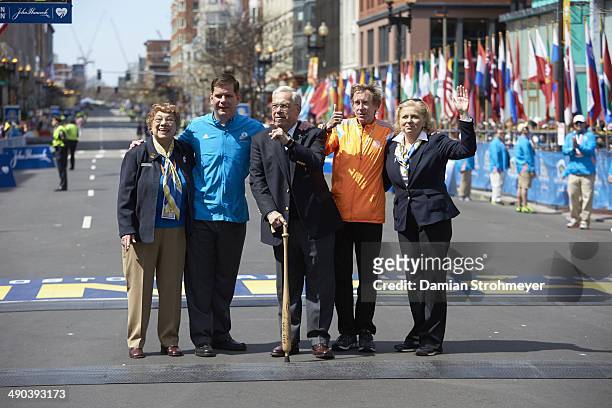 118th Boston Marathon: Boston mayor Marty Walsh , former Boston mayor Thomas Menino, and former marathon winner Bill Rodgers posing after race on...