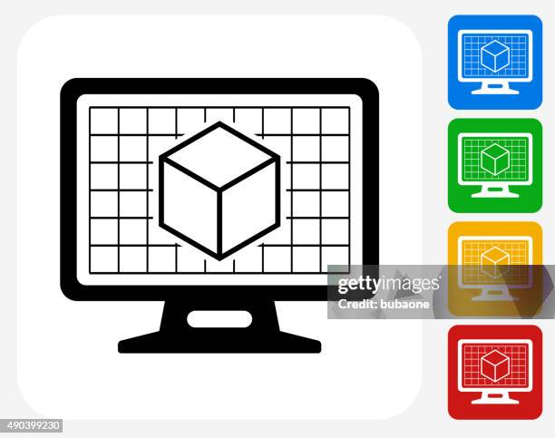 3d cube on desktop screen icon flat graphic design - engineering equations stock illustrations