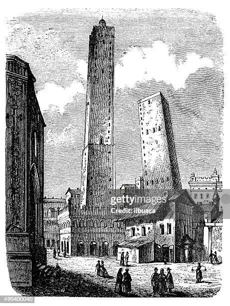 stockillustraties, clipart, cartoons en iconen met antique illustration of towers of bologna - bologna