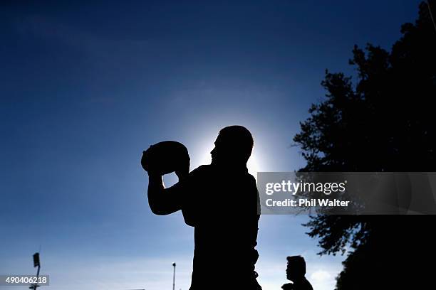 Dane Coles of the All Blacks prepares to throw the ball into the lineout during a New Zealand All Blacks training session at Sophia Gardens on...