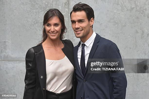 Tennis players Flavia Pennetta and Fabio Fognini arrive at the show for fashion house Giorgio Armani during the women Spring / Summer 2016 Milan's...