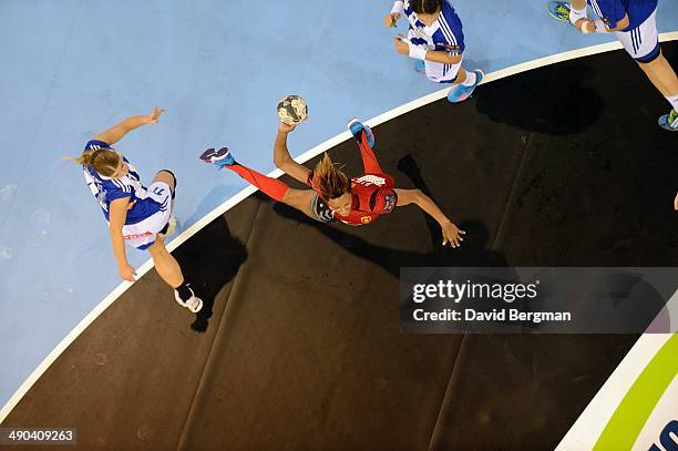 Final Four: Aerial view of ZRK Vardar Allison Pineau in action vs ZRK Buducnost during Women's Semifinal game at Papp Laszlo Budapest Sports Arena....