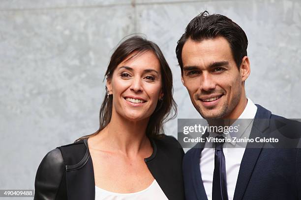 Flavia Pennetta and Fabio Fognini arrive at the Giorgio Armani show during the Milan Fashion Week Spring/Summer 2016 on September 28, 2015 in Milan,...