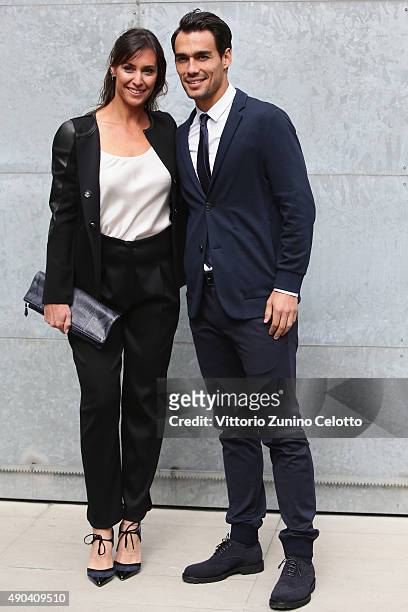 Flavia Pennetta and Fabio Fognini arrive at the Giorgio Armani show during the Milan Fashion Week Spring/Summer 2016 on September 28, 2015 in Milan,...