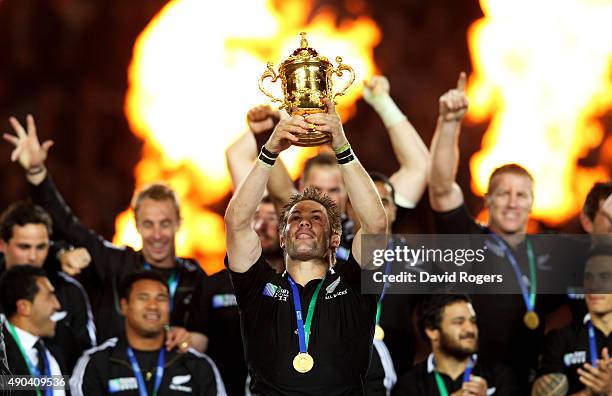 Captain Richie McCaw of the All Blacks lifts the Webb Ellis Cup following his team's 8-7 victory in during the 2011 IRB Rugby World Cup Final match...