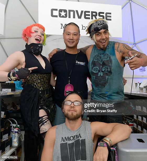 Artist Heather Hermann, Zappos.com CEO Tony Hsieh, artist Gear Duran and artist Brett Bandriwski attend the 2015 Life is Beautiful festival on...