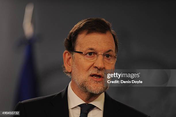 Spanish Prime Minister Mariano Rajoy makes a brief statement to the press at the Moncloa palace on September 28, 2015 in Madrid Spain. Yesterday a...