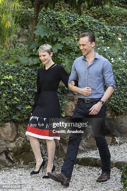 Australian actress Mia Wasikowska and British actor Tom Hiddleston attend the photocall of the movie "Crimson Peak" at Hotel de Russie on September...