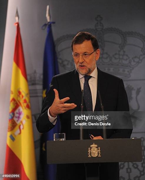 Spanish Prime Minister Mariano Rajoy makes a brief statement to the press at the Moncloa palace on September 28, 2015 in Madrid Spain. Yesterday a...