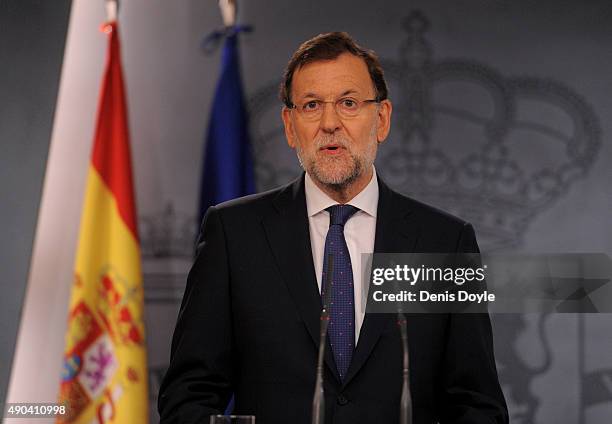 Spanish Prime Minister Mariano Rajoy makes a brief statement to the press at the Moncloa palace on September 28, 2015 in Madrid Spain. Yesterday a...