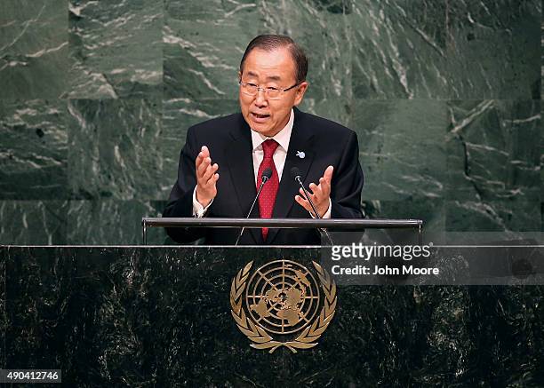 United Nations Secretary General Ban Ki-moon delivers opening remarks at the United Nations General Assembly at U.N. Headquarters on September 28,...