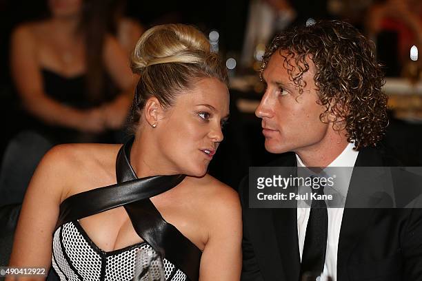 Matt Priddis talks with his wife Ash during the 2015 Brownlow Medal Function at Crown Perth on September 28, 2015 in Perth, Australia.
