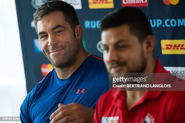 Canada's lock Jamie Cudmore looks at Canada's hooker Benoit Piffero during a press during a press conference in Leicester on September 28 during the...