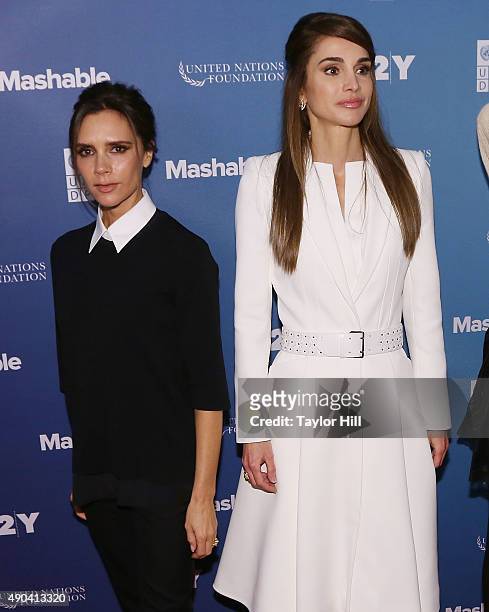 Designer Victoria Beckham and Queen Rania of Jordan attend the 2015 Social Good Summit at 92Y on September 27, 2015 in New York City.