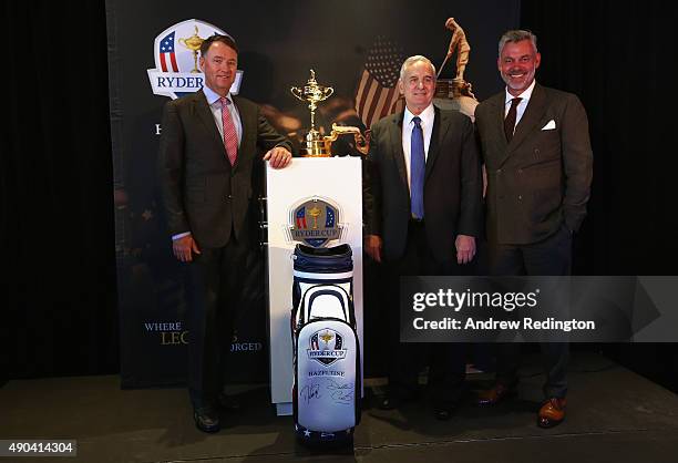Ryder Cup Captains Davis Love III and Darren Clarke pose with Governor Mark Dayton Governor of Minnesota- during the 2016 Ryder Cup "Welcome To...