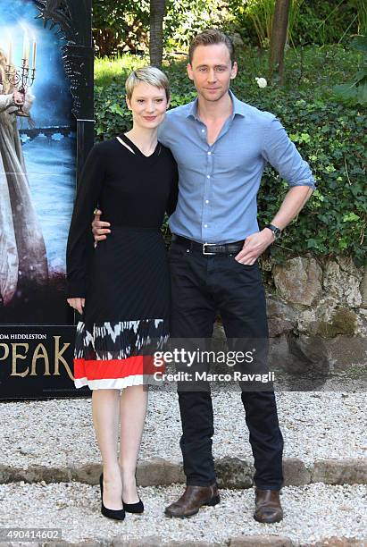 Mia Wasikowska and Tom Hiddleston attend a photocall for Crimson Peak on September 28, 2015 in Rome, Italy. PHOTOGRAPH BY Marco Ravagli / Barcroft...