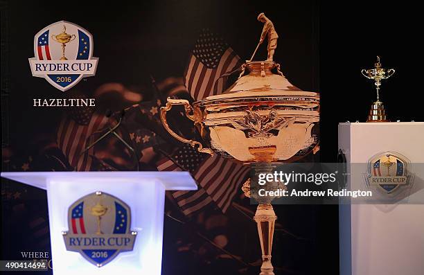 General view of The Ryder Cup trophy on the stage during the 2016 Ryder Cup "Welcome To Minnesota" Breakfast at the Windows on Minnesota building on...