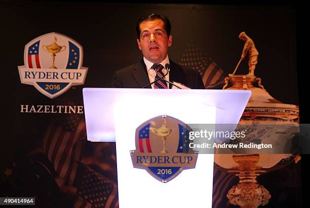 Derek Sprague President of the PGA of America - makes a speech during the 2016 Ryder Cup "Welcome To Minnesota" Breakfast at the Windows on Minnesota...