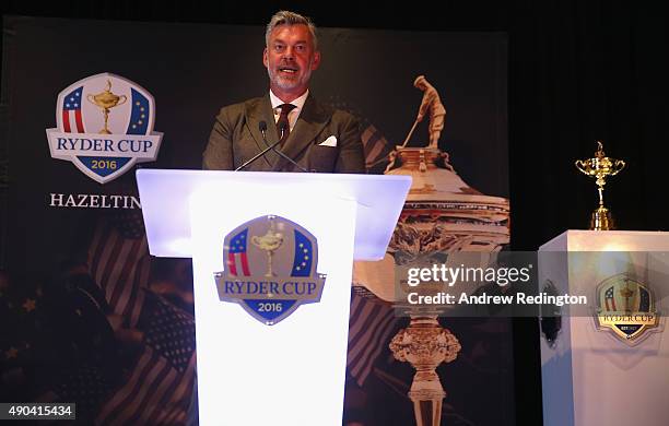 Darren Clarke, European Ryder Cup Captain, makes a speech during the 2016 Ryder Cup "Welcome To Minnesota" Breakfast at the Windows on Minnesota...