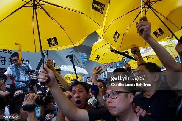 Pro-democracy protesters assemble outside government headquarters at Admiralty to mark the first anniversary of the Occupy Central movement, on...
