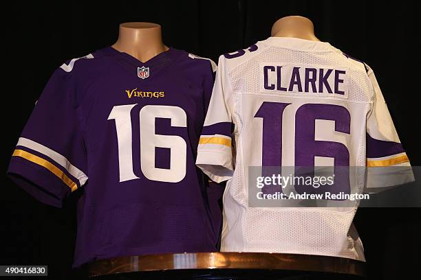 Close-up of the Minnesota Vikings shirt gifted to Darren Clarke during the 2016 Ryder Cup "Welcome To Minnesota" Breakfast at the Windows on...