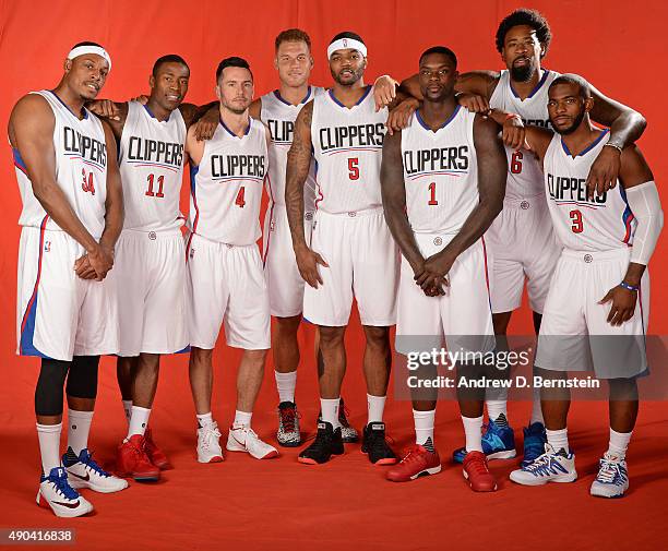 Paul Pierce, Jamal Crawford, J.J. Redick, Blake Griffin, Josh Smith, Lance Stephenson, DeAndre Jordan and Chris Paul of the Los Angeles Clippers pose...