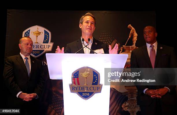 Matt Majka, Chief Operating Officer of the Minnesota Wild, makes a speech during the 2016 Ryder Cup "Welcome To Minnesota" Breakfast at the Windows...