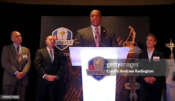 Kevin Warren, Chief Operating Officer of the Minnesota Vikings, makes a speech during the 2016 Ryder Cup "Welcome To Minnesota" Breakfast at the...