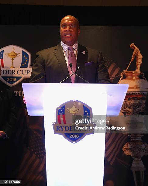 Kevin Warren, Chief Operating Officer of the Minnesota Vikings, makes a speech during the 2016 Ryder Cup "Welcome To Minnesota" Breakfast at the...