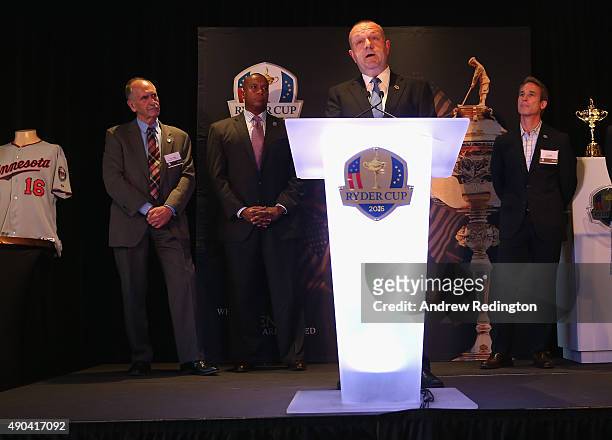 Dave St Peter, President of the Minnesota Twins, makes a speech during the 2016 Ryder Cup "Welcome To Minnesota" Breakfast at the Windows on...