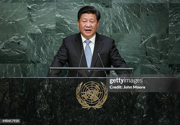 Chinese President Xi Jinping addresses the UN General Assembly on September 28, 2015 in New York City. World leaders gathered for the 70th session of...