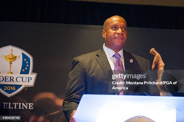 Kevin Warren of the Minnesota Vikings of the United States speaks at the Welcome To Minnesota Breakfast during the Ryder Cup Year To Go Celebration...