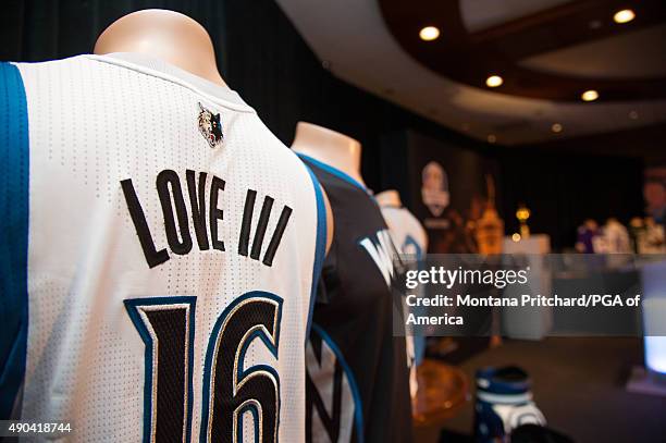 Minnesota professional sports team jerseys at the Welcome To Minnesota Breakfast during the Ryder Cup Year To Go Celebration at the Galaxy Room on...