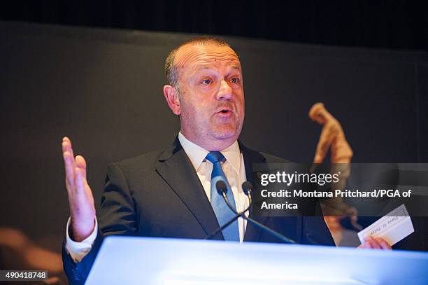 President Dave St. Peter of the Minnesota Twins of the United States speaks at the Welcome To Minnesota Breakfast during the Ryder Cup Year To Go...