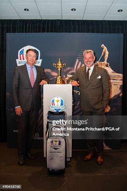 United States Team Captain, Davis Love III of the United States and European Team Captain, Darren Clarke of Northern Ireland pose with the Ryder Cup...