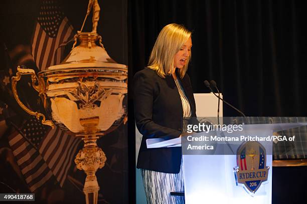 Emcee, Katie Clark Sieben speaks at the Welcome To Minnesota Breakfast during the Ryder Cup Year To Go Celebration at the Galaxy Room on September...