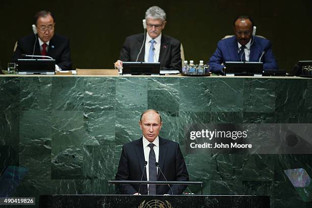 President of Russia Vladimir Putin addresses the United Nations General Assembly on September 28, 2015 in New York City. World leaders gathered for...