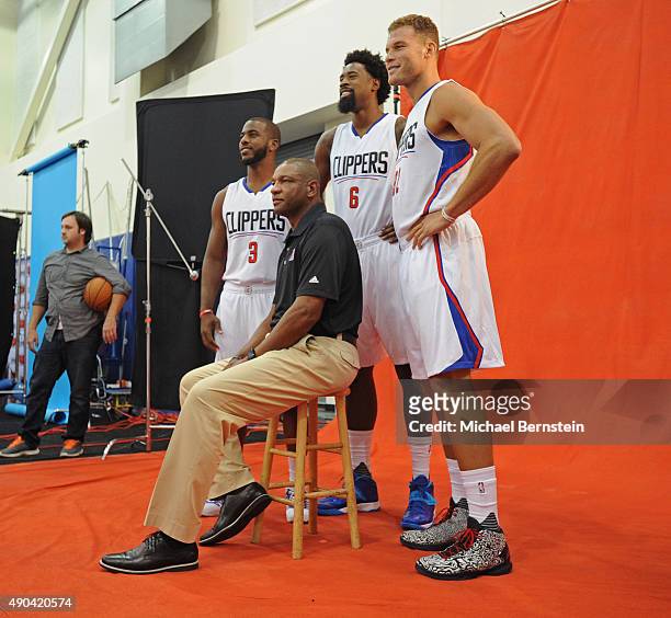 Chris Paul, DeAndre Jordan, Blake Griffin and Doc Rivers of the Los Angeles Clippers pose for a portrait during media day at the Los Angeles Clippers...