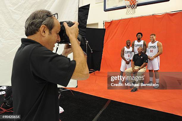 Chris Paul, DeAndre Jordan, Blake Griffin and Doc Rivers of the Los Angeles Clippers pose for a portrait during media day at the Los Angeles Clippers...