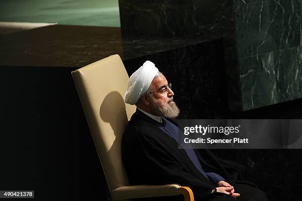 Iran President Hassan Rouhani sits before addressing the United Nations General Assembly at U.N. Headquarters on September 28, 2015 in New York City....