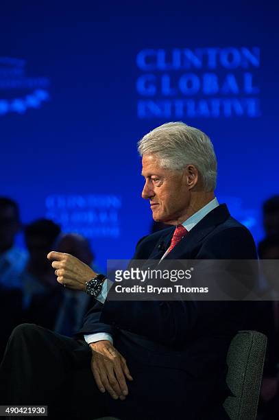 Former U.S. President Bill Clinton speaks with CNBC's Becky Quick during the Clinton Global Initiative Annual Meeting at the Sheraton Hotel and...