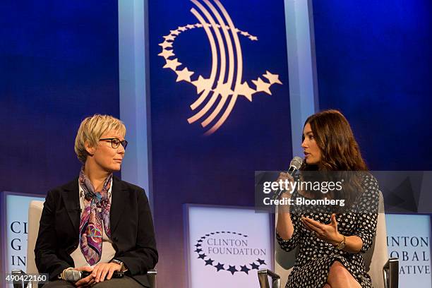 Hanne Rasmussen, chief executive officer of The LEGO Foundation, left, listens as actress Jessica Biel, ambassador to the "Then Who Will" Campaign...